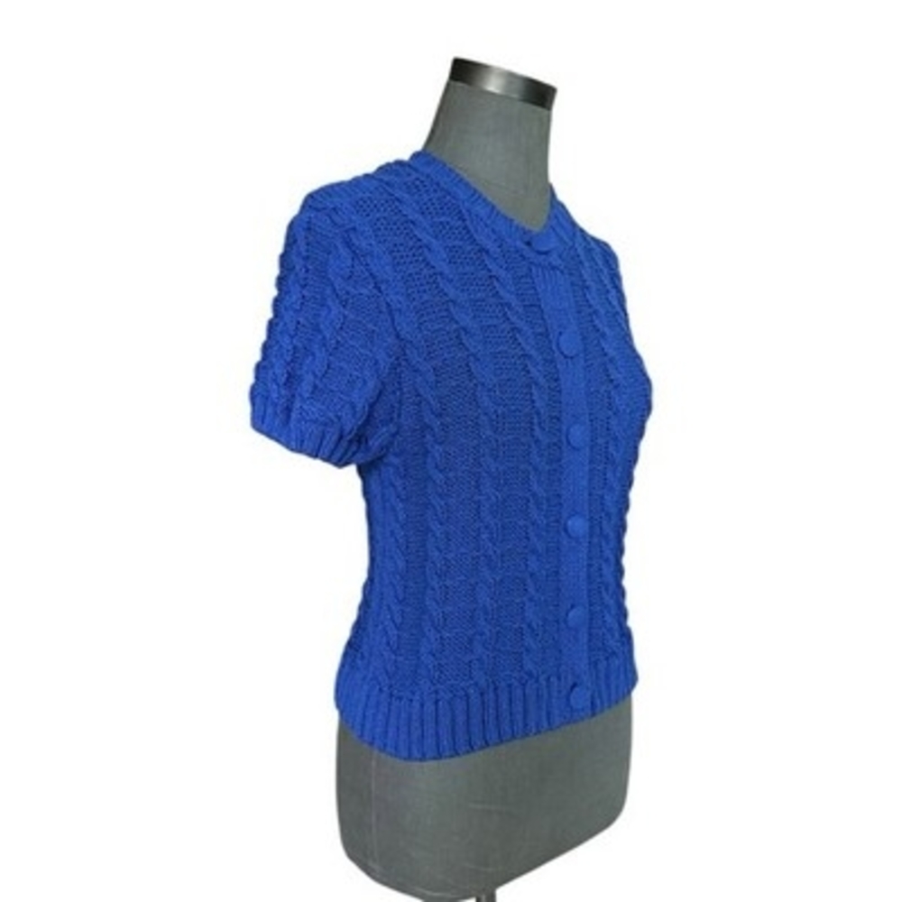 ZARA Vibrant Blue Cable Knit Button Up Cardigan Short Sleeve Womens M VG - Picture 5 of 8